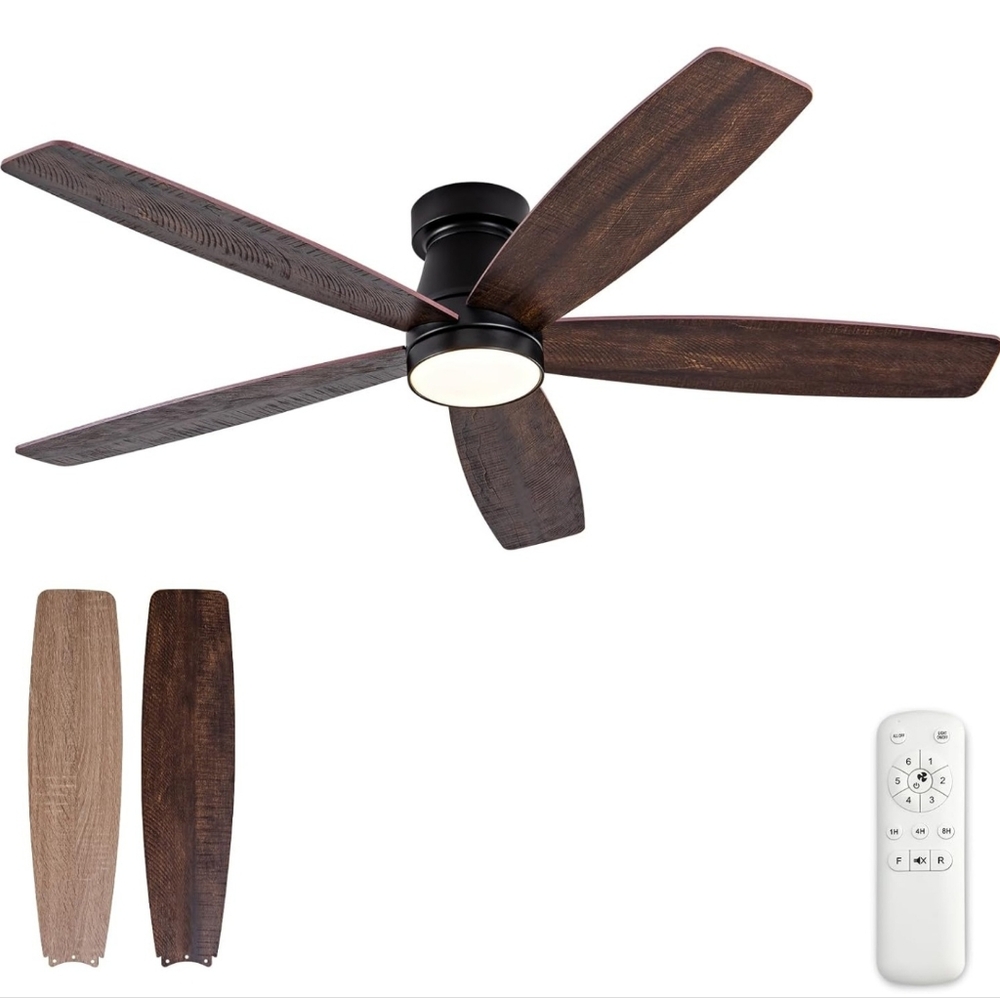 52 inch Ceiling Fans with Lights and Remote,Flush Mount Black Ceiling Fan,Memory